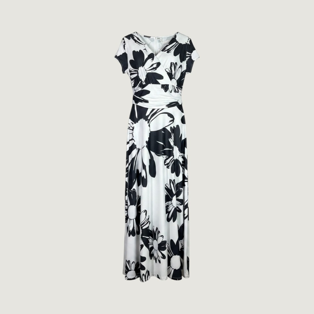 Koh Koh Black White‎ Floral Maxi Dress Short Sleeve Faux Wrap V-Neck NT074 Large